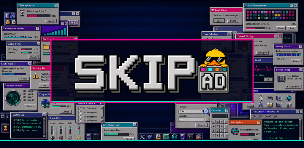 SKIP AD logo and sunglasses-wearing duck over a field of fictional retro desktop windows.
