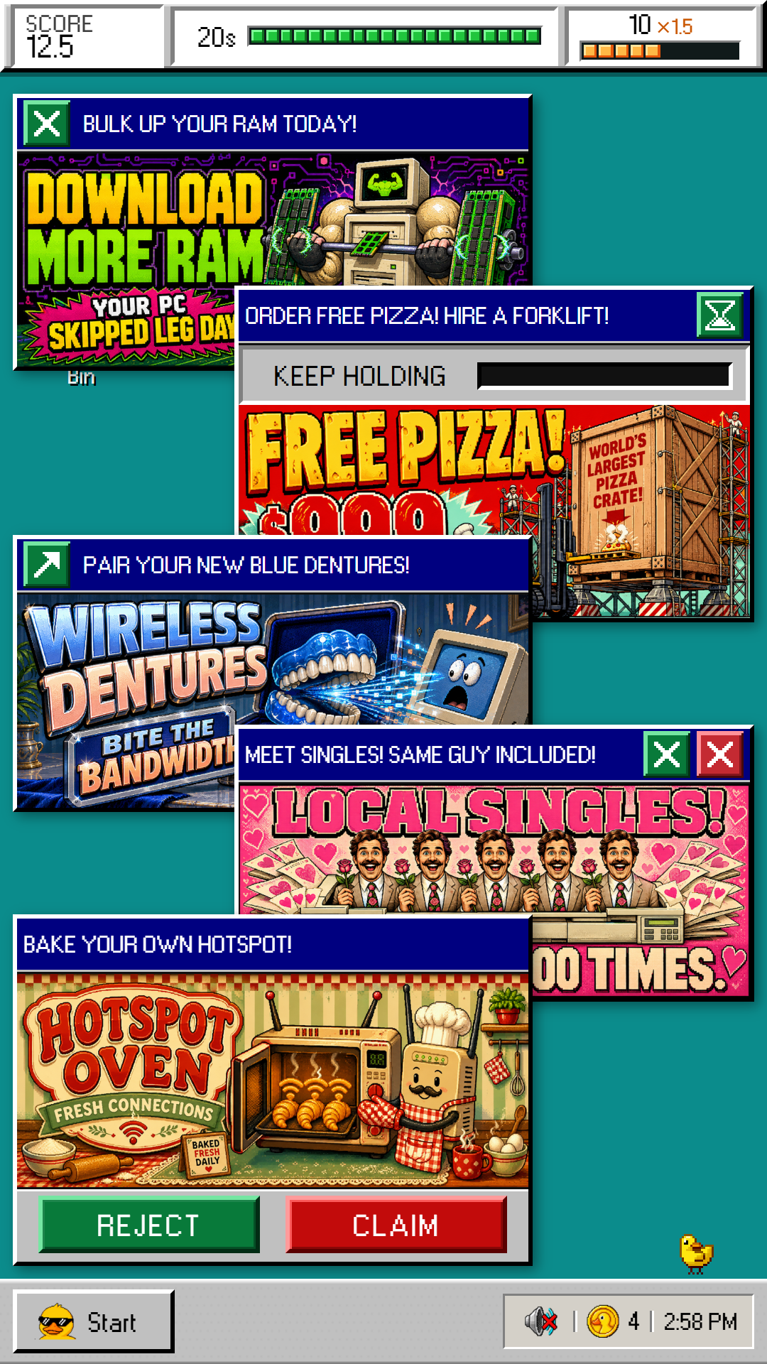 Five illustrated fake ads with light overlap: Download More RAM, Free Pizza, Wireless Dentures, Local Singles and Hotspot Oven. Tap, Hold, Swipe, red decoys and REJECT/CLAIM controls are visible.