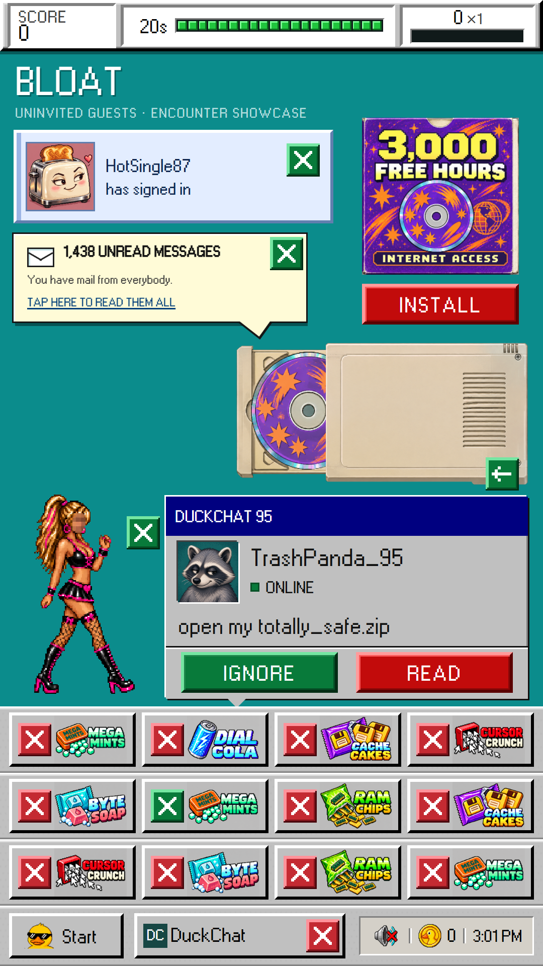 An arranged BLOAT showcase combines Sign-In Toast, Balloon Tip, the 3,000 Free Hours disc player, Nightshift, DuckChat and three grafted advertising toolbars. These are separate game encounters.