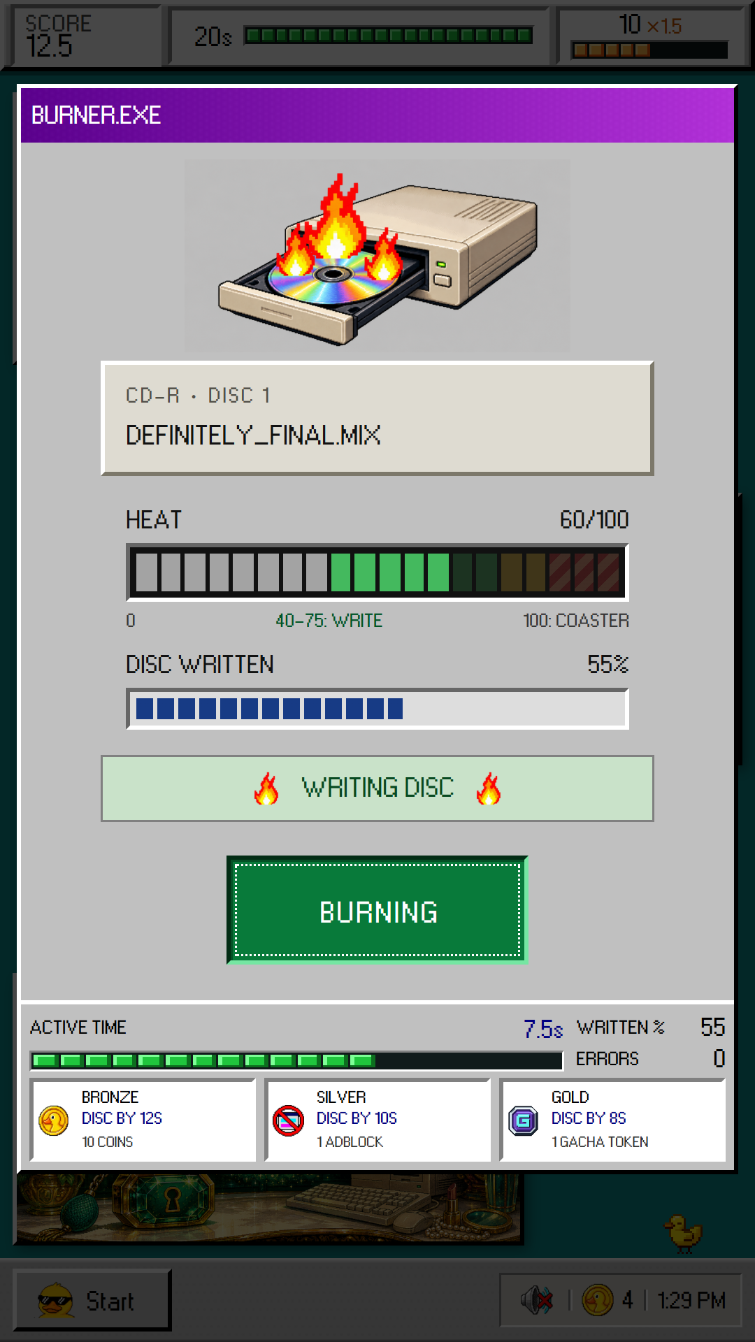 BURNER.EXE gameplay: a flaming CD drive above the heat gauge, disc-writing progress and shared green BURNING button.