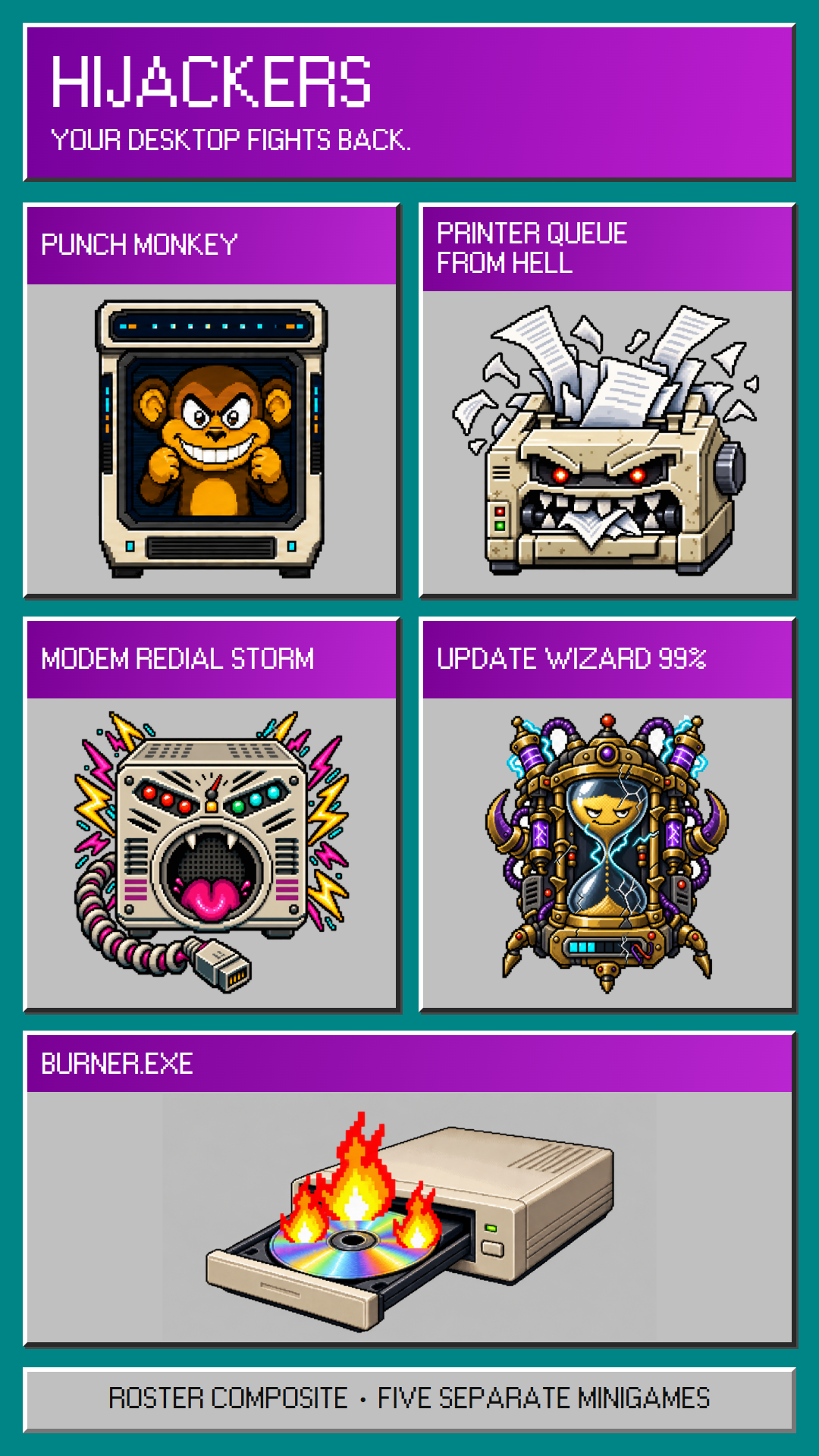 A promotional roster of five separate Hijacker minigames: Punch Monkey, Printer Queue From Hell, Modem Redial Storm, Update Wizard 99% and Burner.