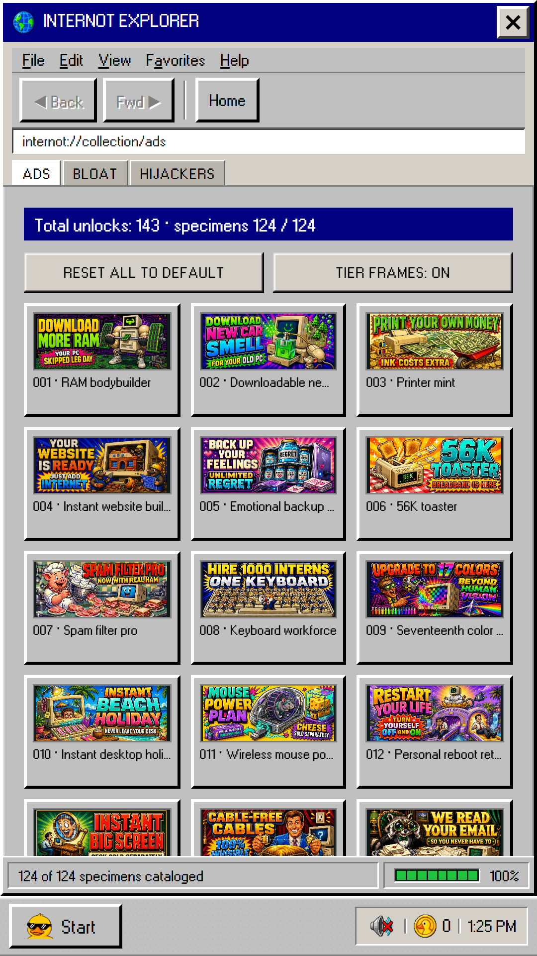 The current Internot Explorer collection, with ADS, BLOAT and HIJACKERS tabs and a grid of collected ad artwork.